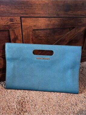 MICHAEL KORS Teal Saffiano Leather Handheld Clutch with Cutout Handle